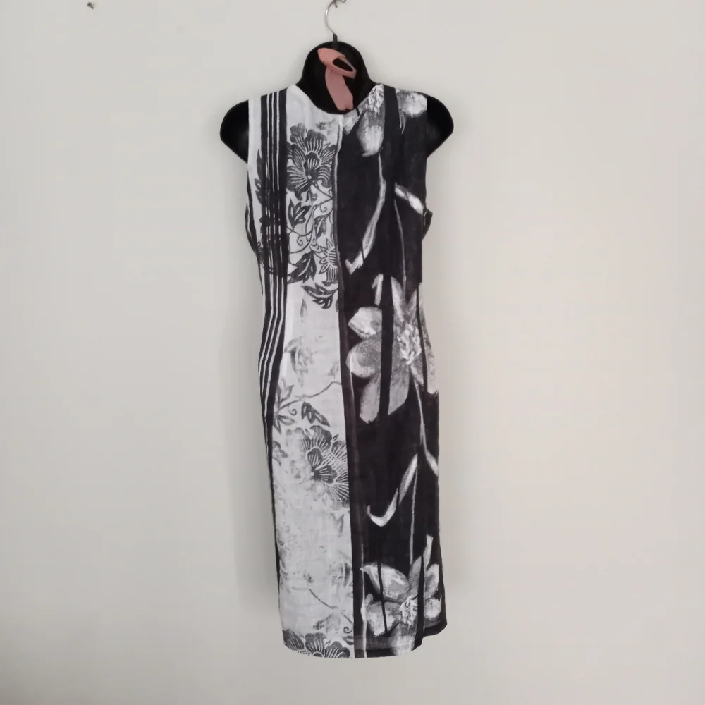 LOLA Linen Stripe/Floral V-neckline Shift Dress